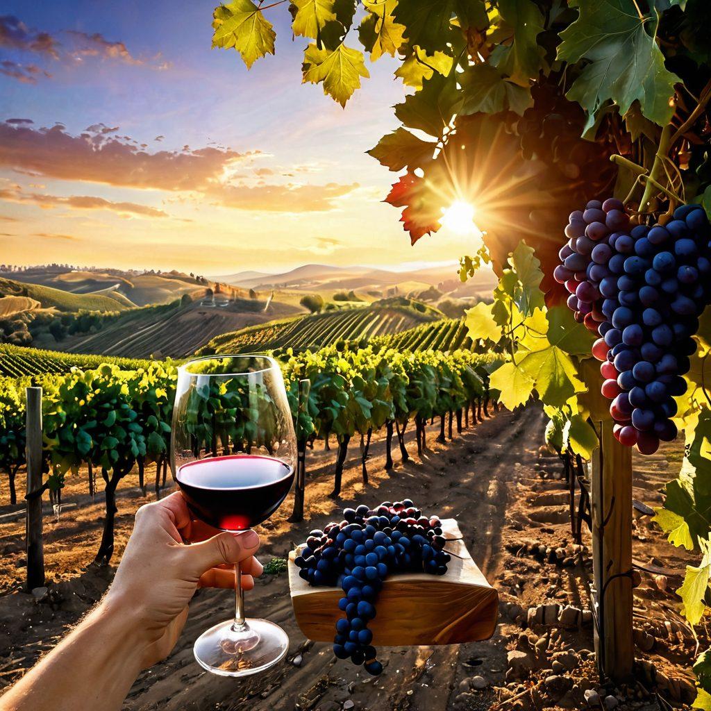 An inviting vineyard landscape at sunset, showcasing rows of grapevines heavy with ripe grapes. In the foreground, a beautiful wine glass half-filled with rich red wine captures the golden rays of the sun. In the background, a winemaker tending to the vines, surrounded by lush greenery and rolling hills. Delicate grape clusters hang from the vines, symbolizing the journey from grape to glass. super-realistic. vibrant colors.