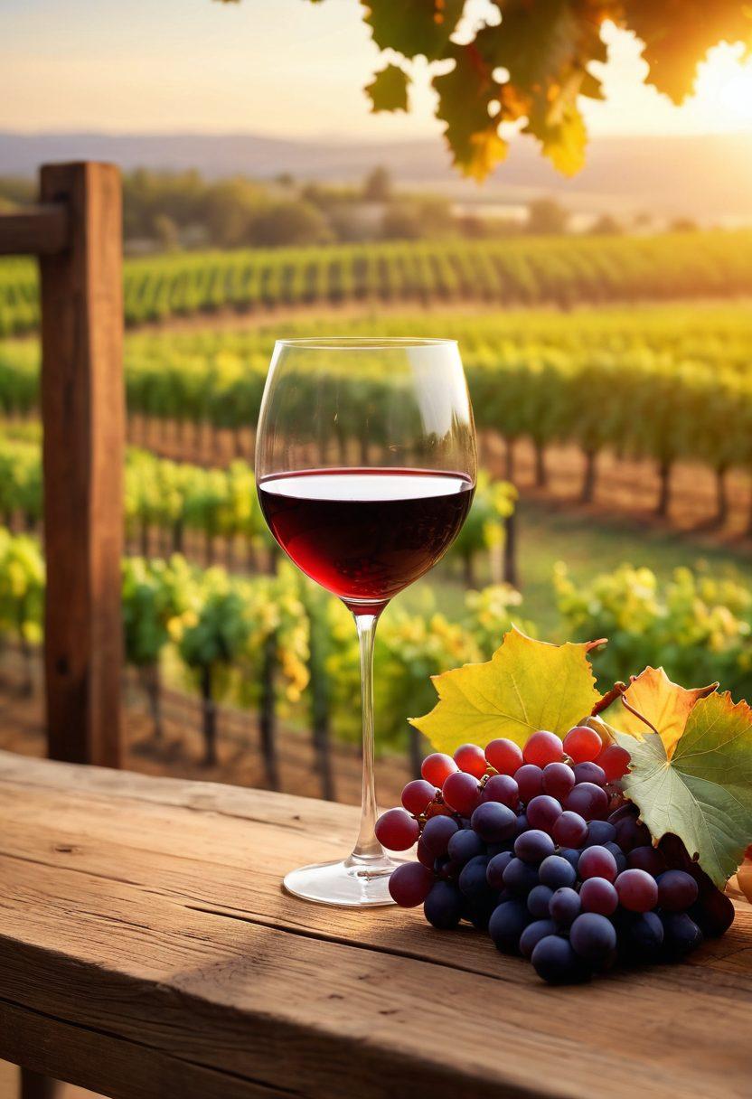An elegant vineyard landscape at sunset, showcasing rows of grapevines with ripe grapes, an artisan wine glass with rich red wine elegantly placed on a rustic wooden table, hints of wine barrels in the background, soft golden light illuminating the scene. super-realistic. vibrant colors. warm tones. soft focus.