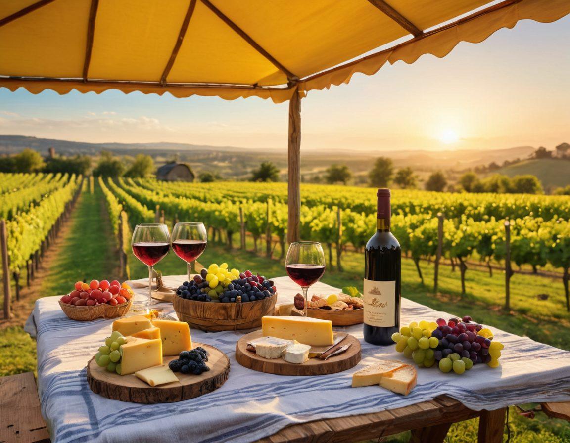 A rustic vineyard landscape at sunset, with a couple enjoying a wine tasting picnic surrounded by grapes and cheese. A vibrant wine festival scene in the background featuring colorful tents and cheerful guests. Various wine bottles and food pairings elegantly displayed on a wooden table. The atmosphere is warm and inviting, embodying the spirit of adventure and exploration in the wine enthusiast culture. super-realistic. vibrant colors. 3D.